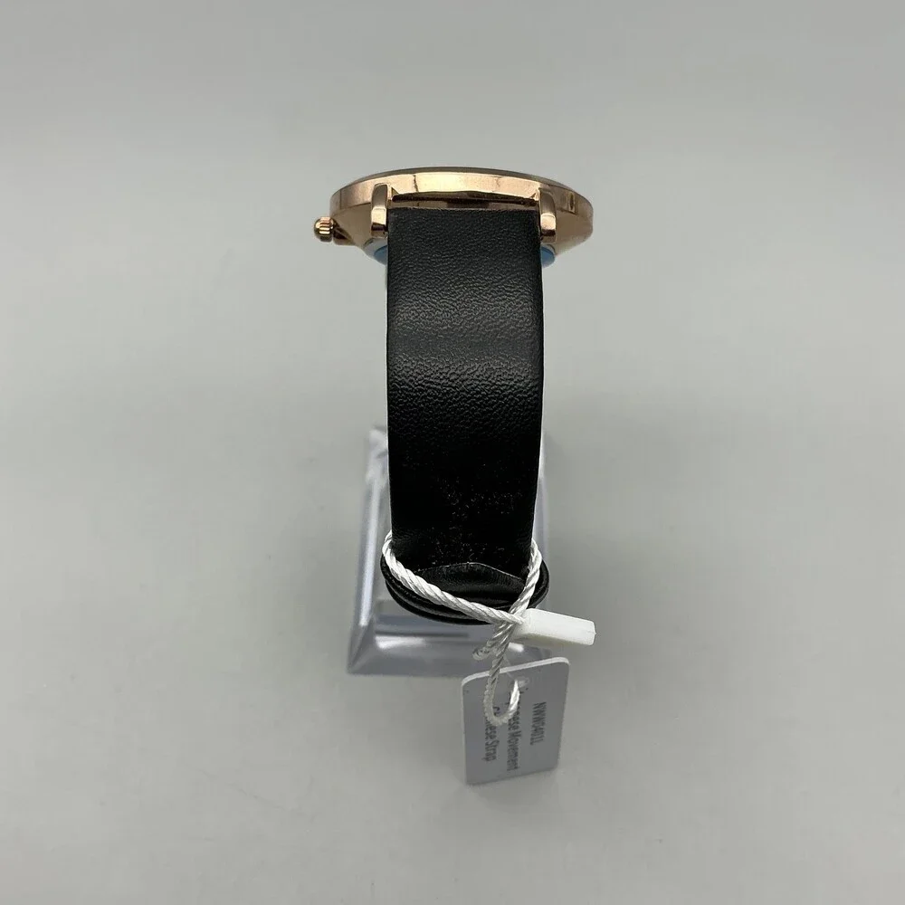 Nine West Womens Watch 36mm MOP Dial Rose Gold Black Faux Leather Minimalist